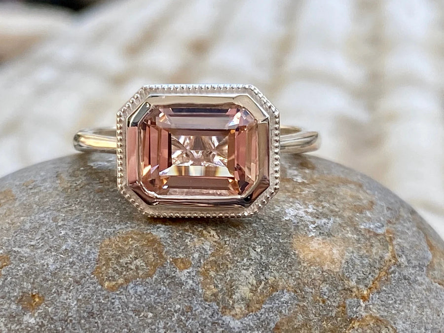 Morganite Emerald Cut East West Engagement Ring