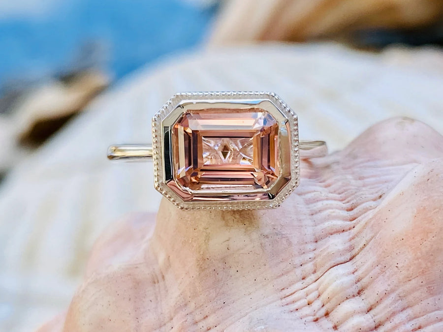 Morganite Emerald Cut East West Engagement Ring