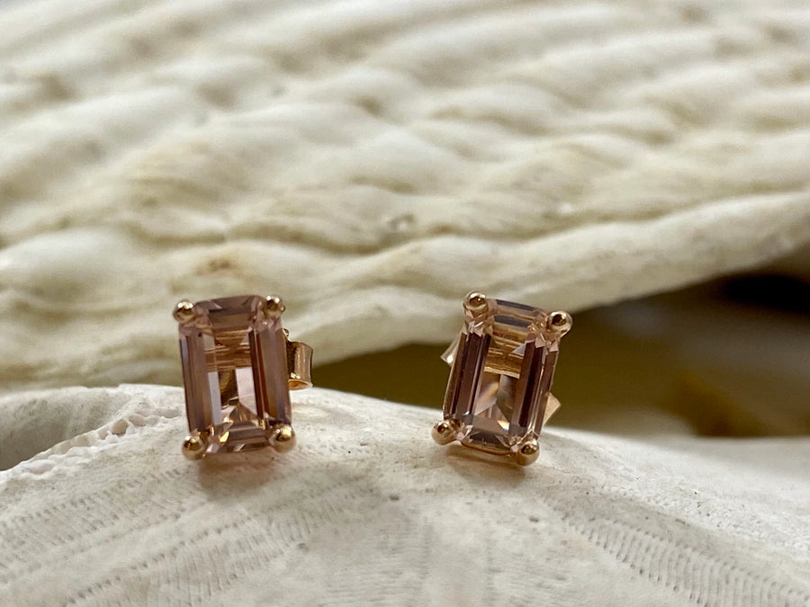 Emerald Cut Morganite Stud Earrings