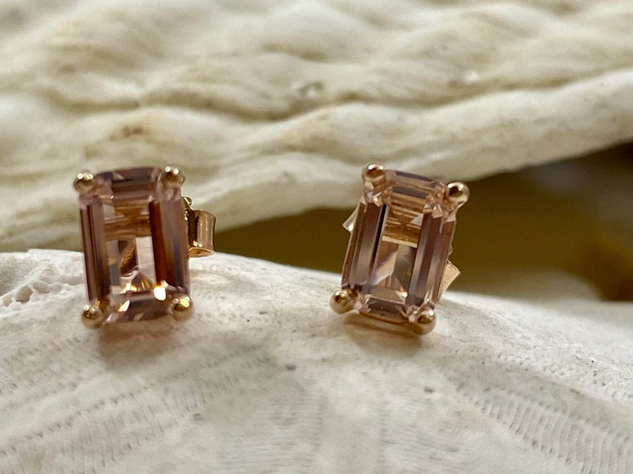 Emerald Cut Morganite Stud Earrings