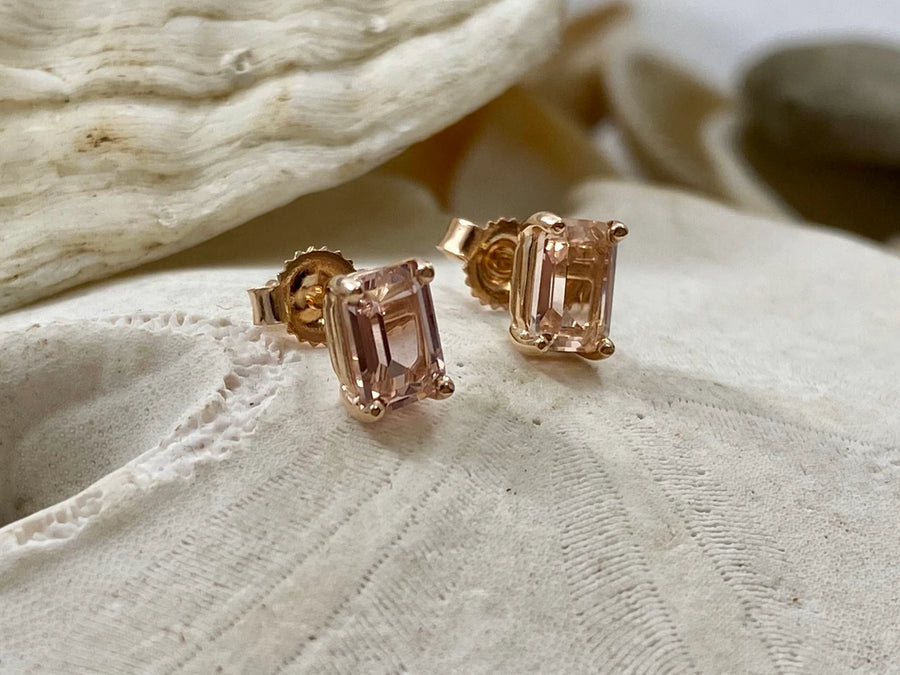 Emerald Cut Morganite Stud Earrings