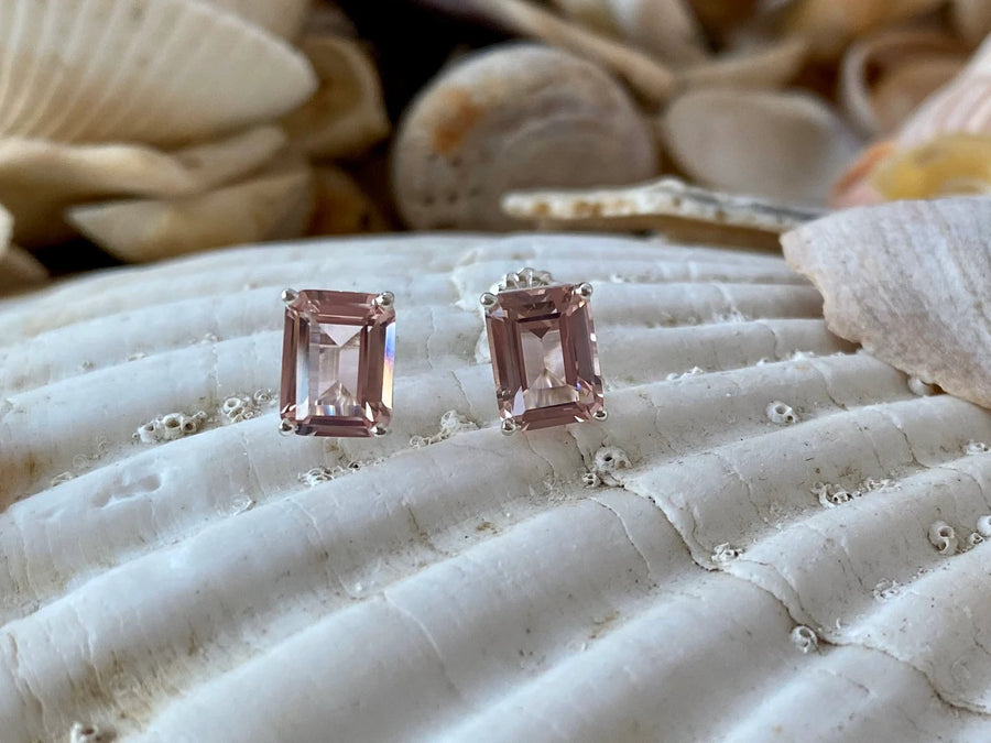 Emerald Cut Peachy Pink Morganite Stud Earrings