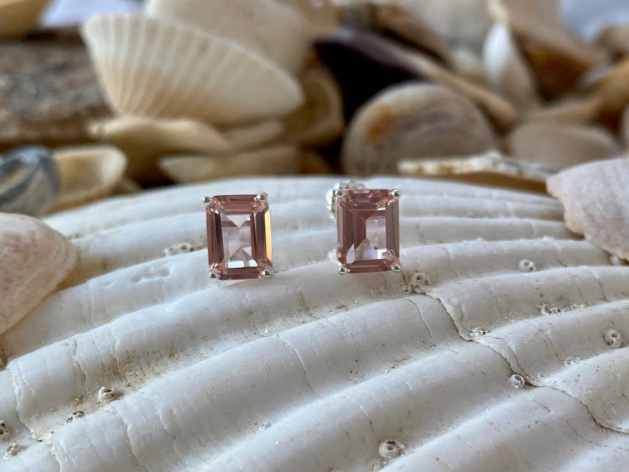 Emerald Cut Peachy Pink Morganite Stud Earrings