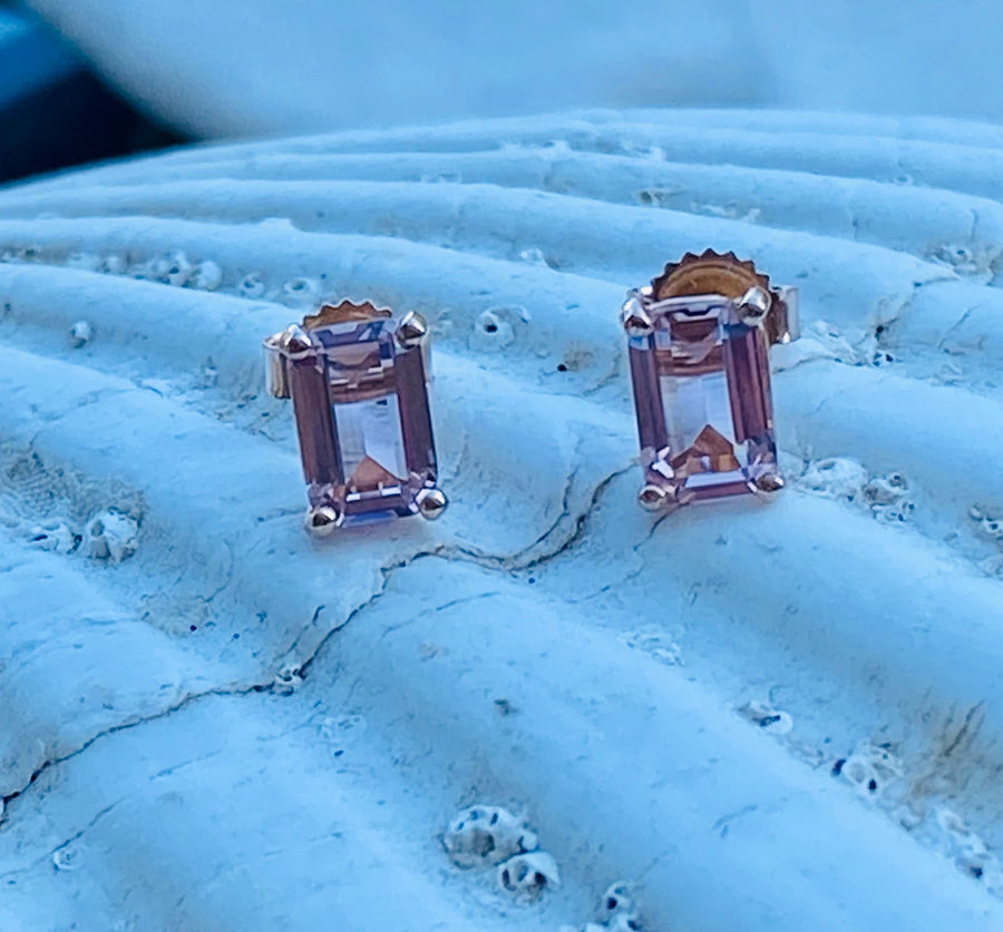 Emerald Cut Morganite Stud Earrings