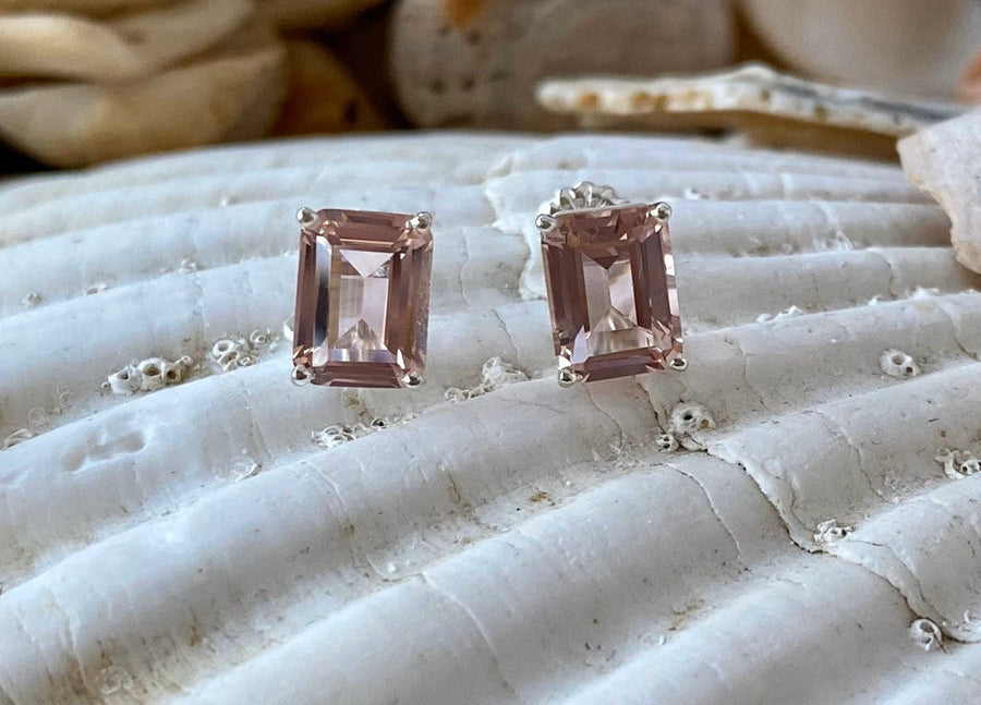 Emerald Cut Peachy Pink Morganite Stud Earrings