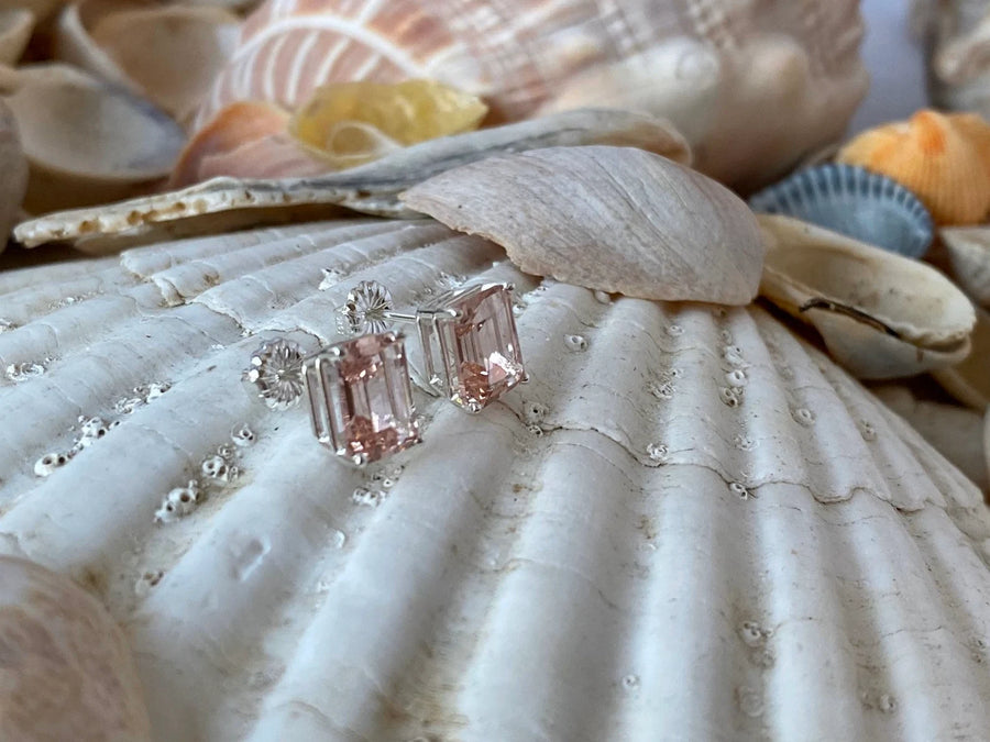 Emerald Cut Peachy Pink Morganite Stud Earrings