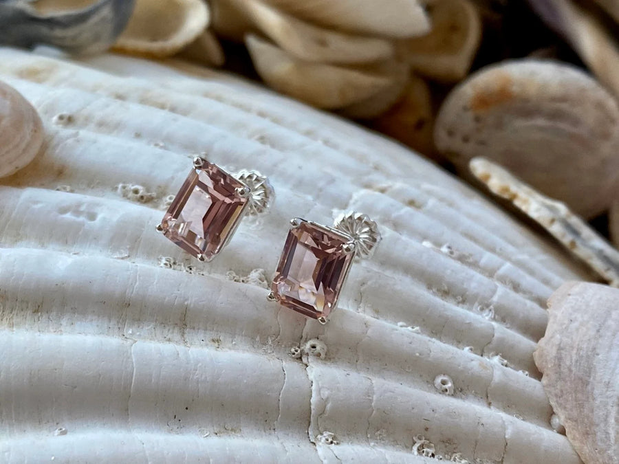 Emerald Cut Peachy Pink Morganite Stud Earrings