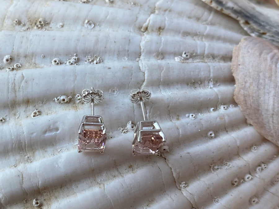 Emerald Cut Peachy Pink Morganite Stud Earrings