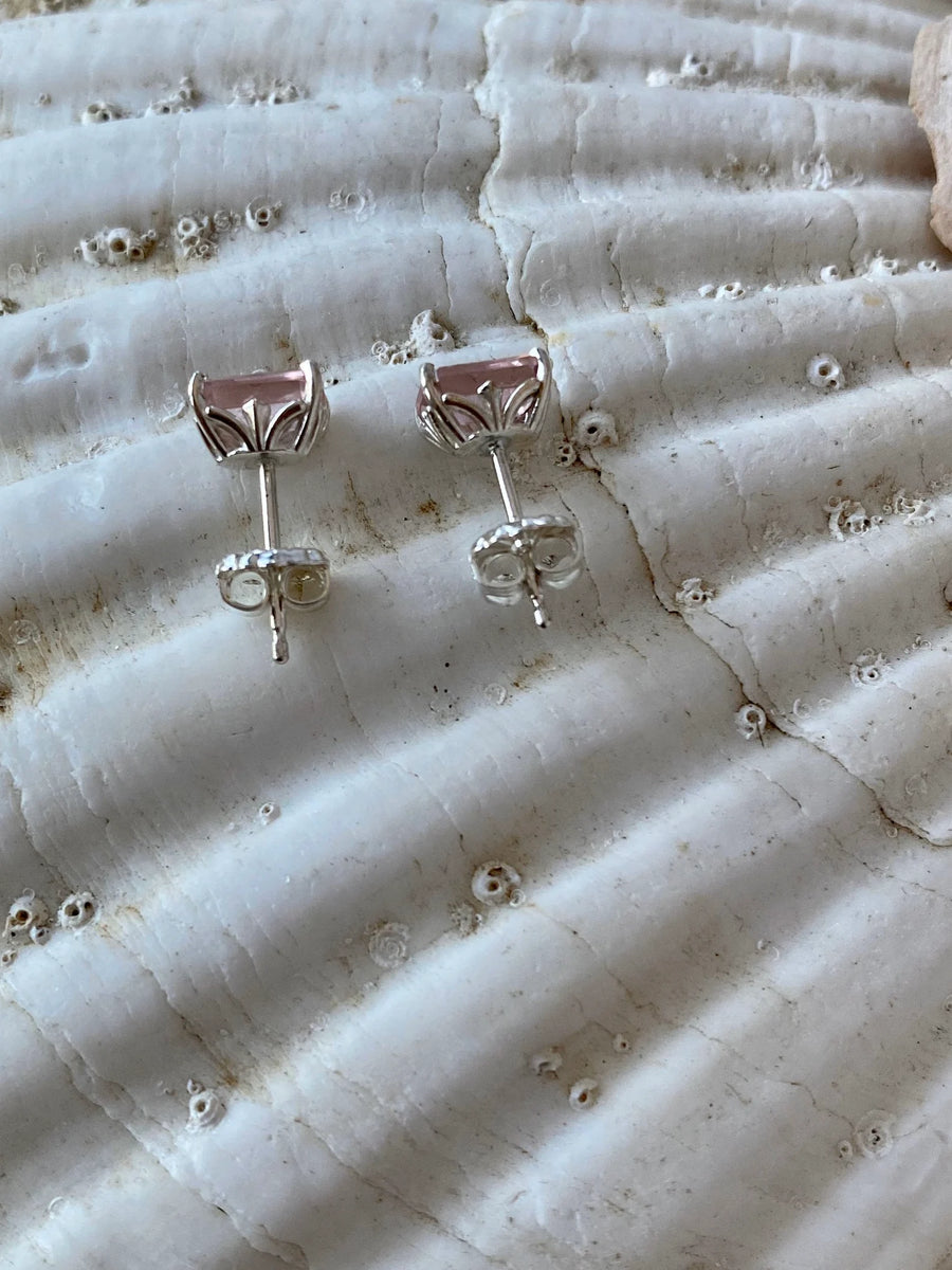 Emerald Cut Peach Morganite Fluer-Di-Lis Stud Earrings