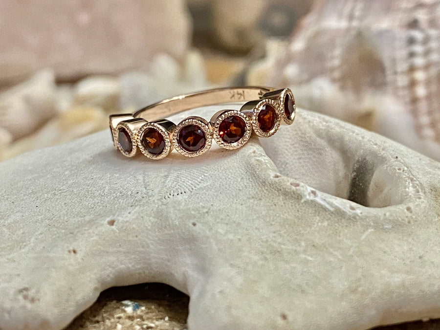 7 Stone Gold Bezel Garnet Wedding Band Art Deco Ring