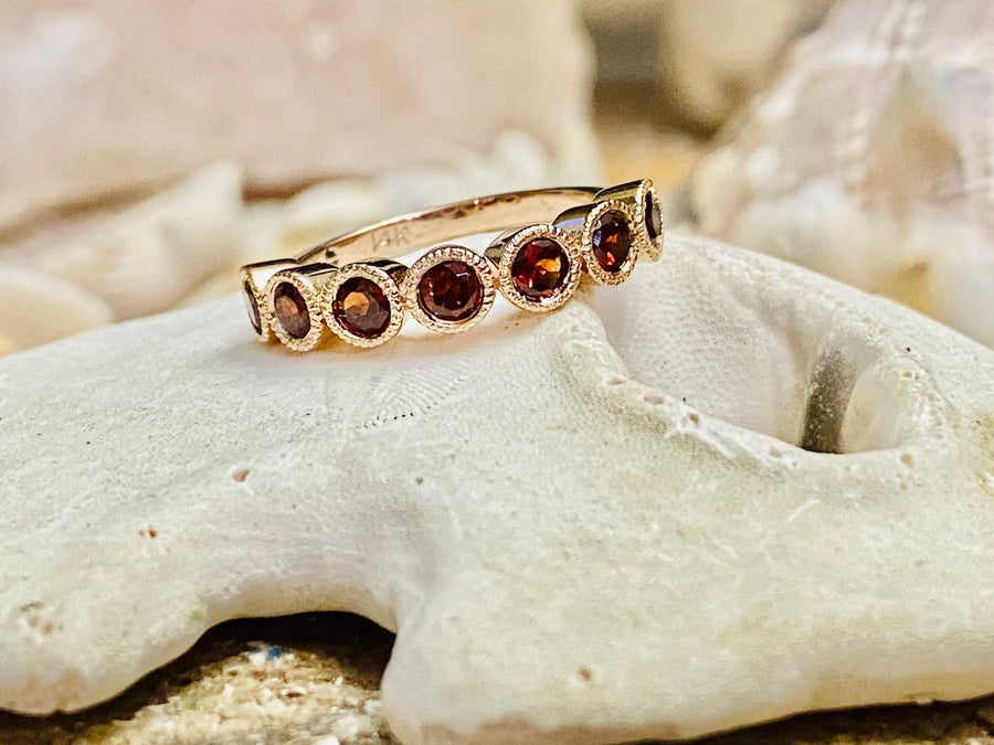 7 Stone Gold Bezel Garnet Wedding Band Art Deco Ring