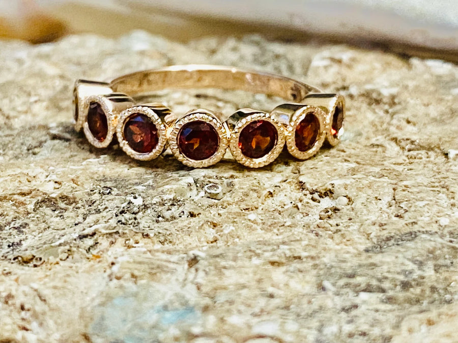 7 Stone Gold Bezel Garnet Wedding Band Art Deco Ring