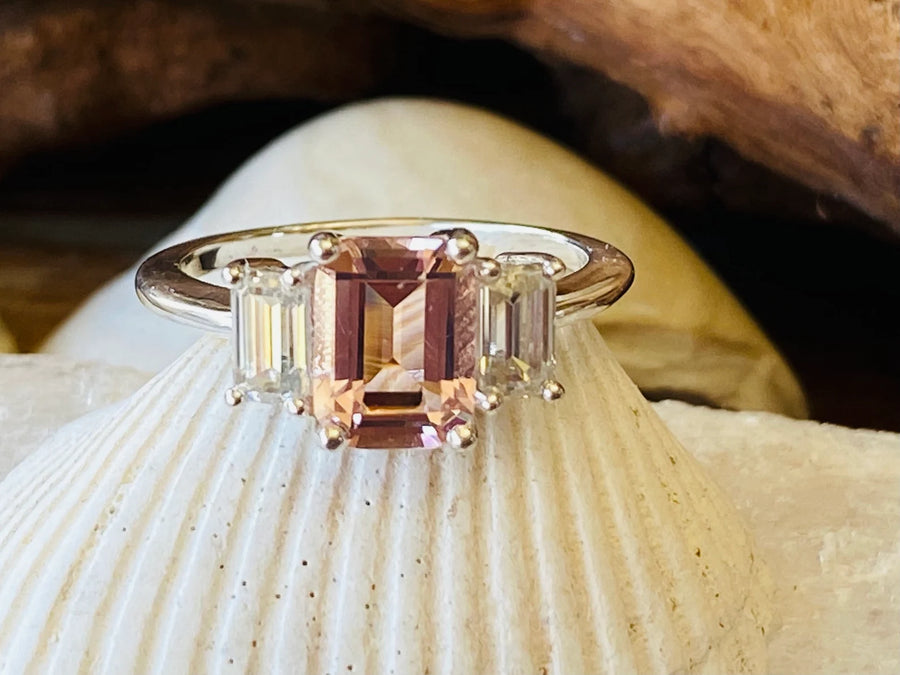 Emerald Cut Morganite Three Stone Engagement Ring