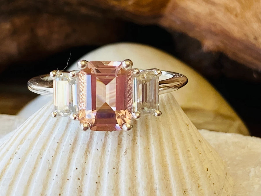 Emerald Cut Morganite Three Stone Engagement Ring