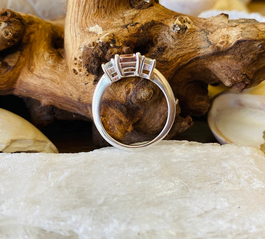 Emerald Cut Morganite Three Stone Engagement Ring