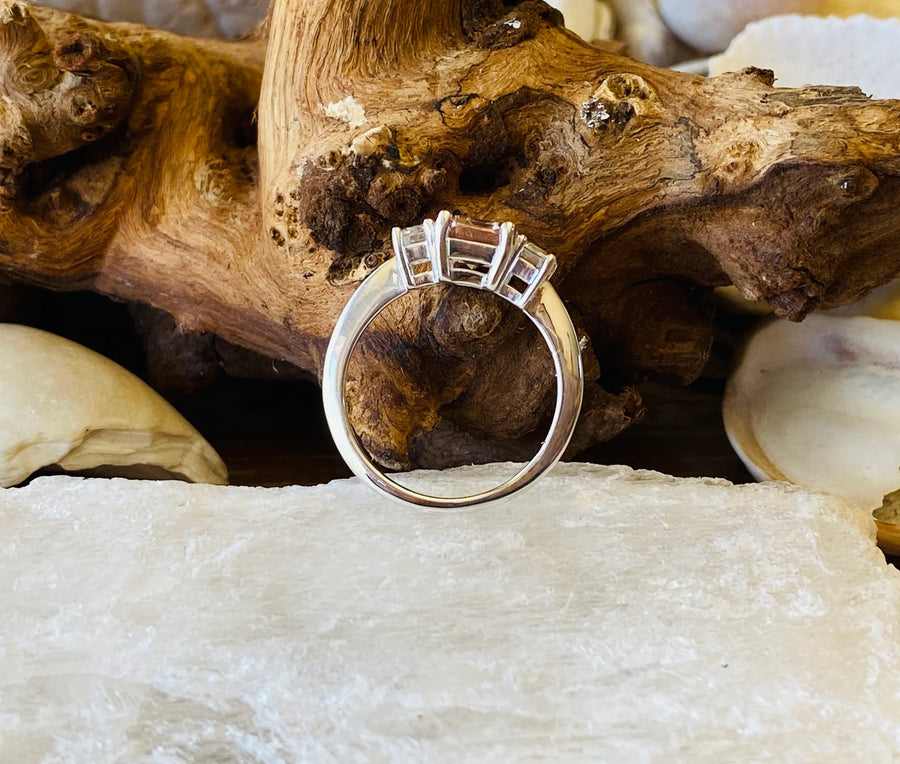 Emerald Cut Morganite Three Stone Engagement Ring