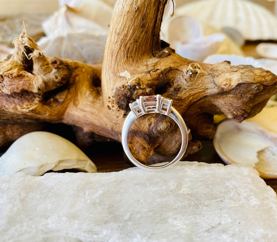 Emerald Cut Morganite Three Stone Engagement Ring