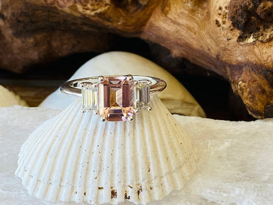 Emerald Cut Morganite Three Stone Engagement Ring