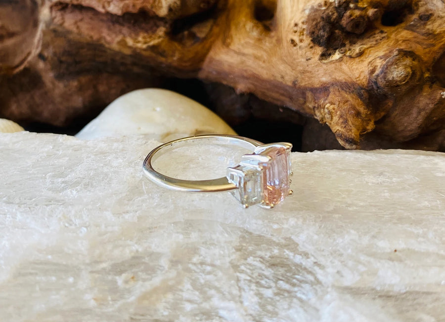 Emerald Cut Morganite Three Stone Engagement Ring