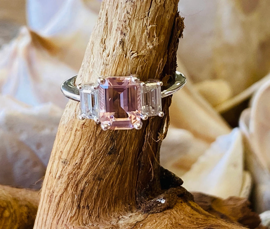 Emerald Cut Morganite Three Stone Engagement Ring