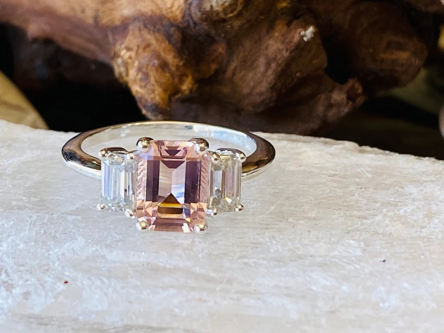 Emerald Cut Morganite Three Stone Engagement Ring