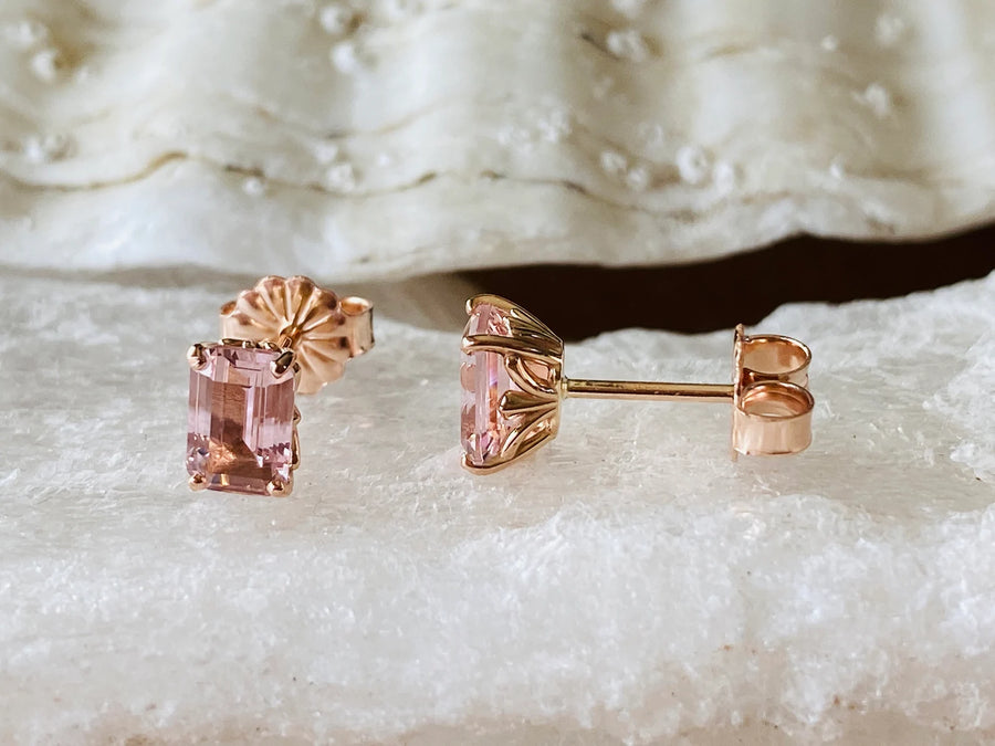 Emerald Cut Peach Morganite Fluer-Di-Lis Stud Earrings