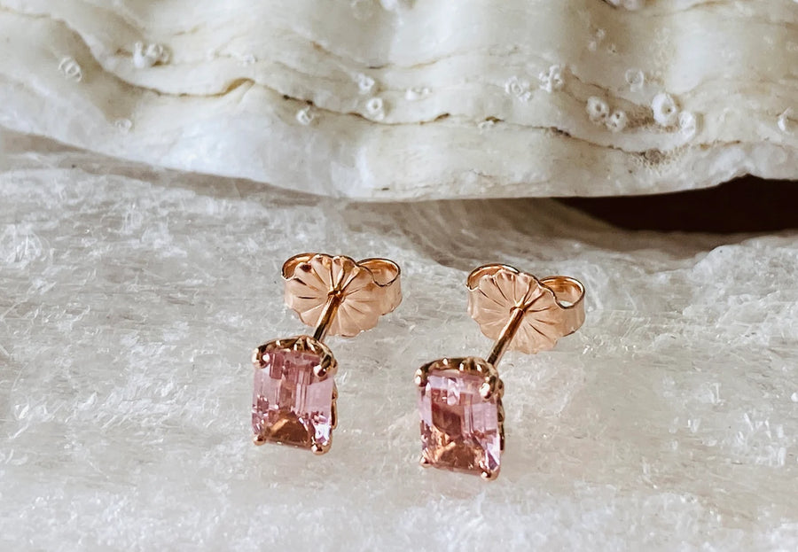 Emerald Cut Peach Morganite Fluer-Di-Lis Stud Earrings