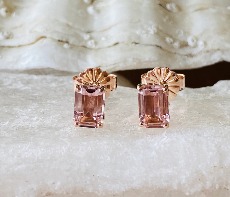 Emerald Cut Peach Morganite Fluer-Di-Lis Stud Earrings