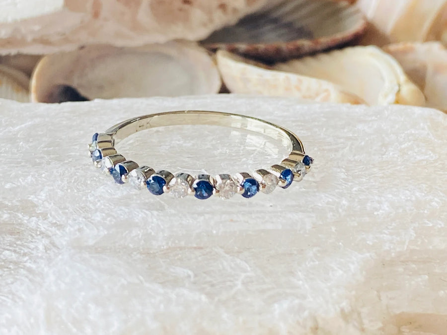 Alternating Diamond and Sapphire Dainty Wedding Band Stacking Ring