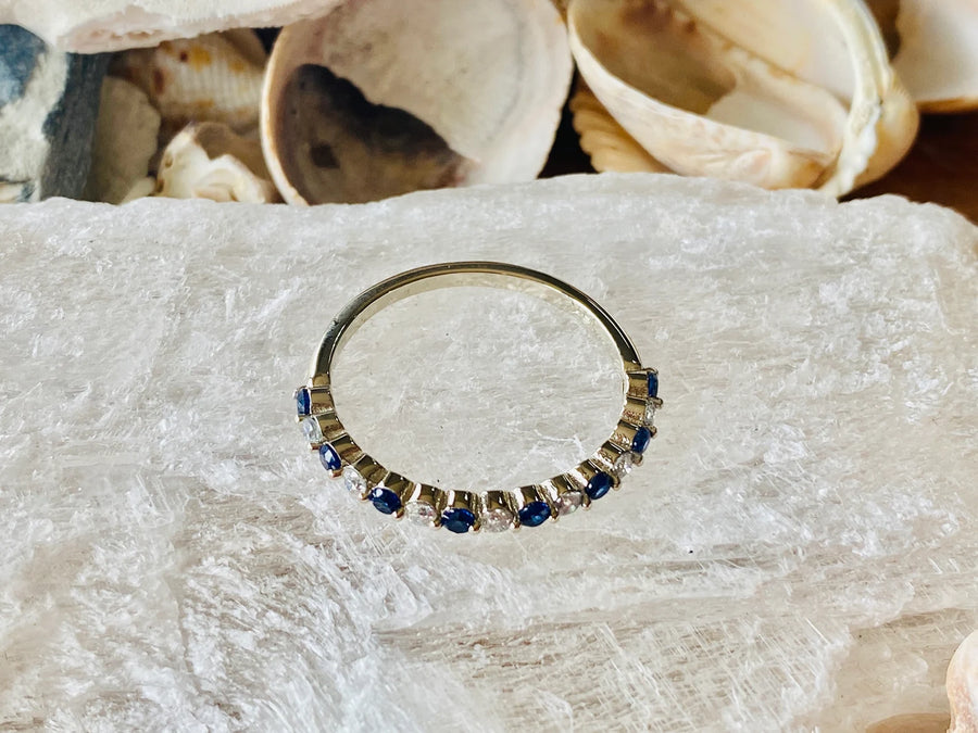 Alternating Diamond and Sapphire Dainty Wedding Band Stacking Ring