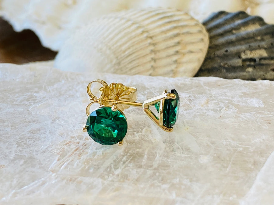 14k Round Emerald Stud Martini Setting Earrings