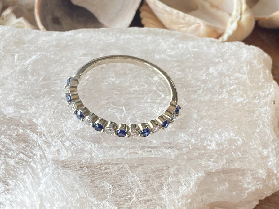 Alternating Diamond and Sapphire Dainty Wedding Band Stacking Ring