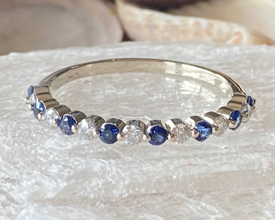 Alternating Diamond and Sapphire Dainty Wedding Band Stacking Ring