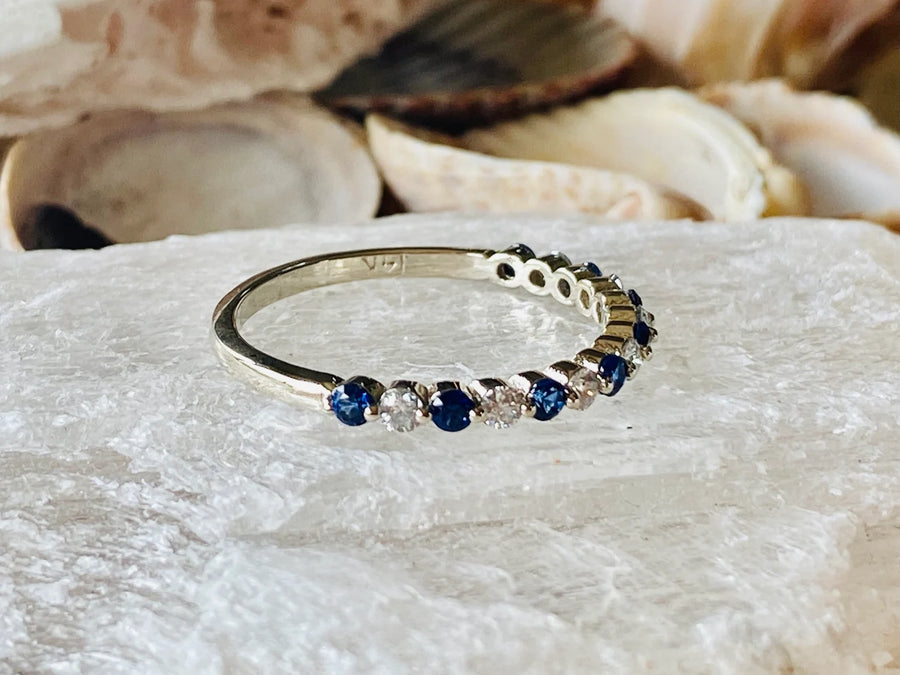 Alternating Diamond and Sapphire Dainty Wedding Band Stacking Ring