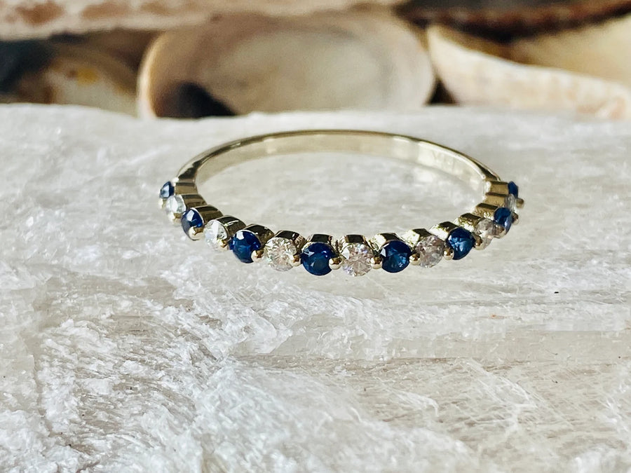 Alternating Diamond and Sapphire Dainty Wedding Band Stacking Ring