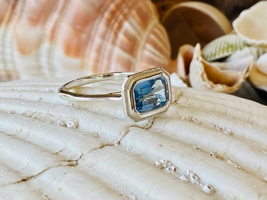 14k Emerald Cut Aquamarine Bezel Ring