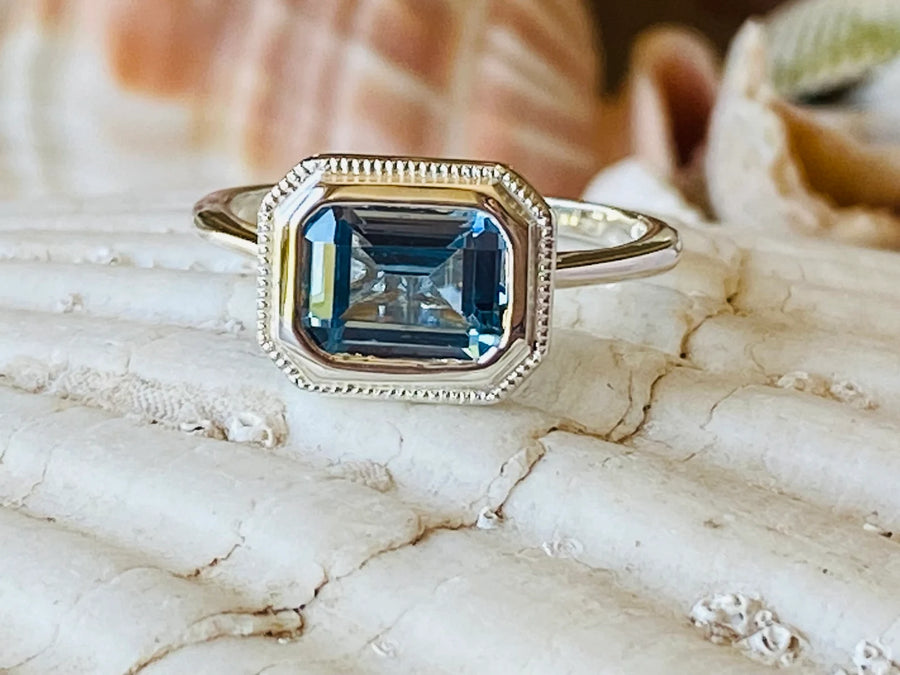 14k Emerald Cut Aquamarine Bezel Ring