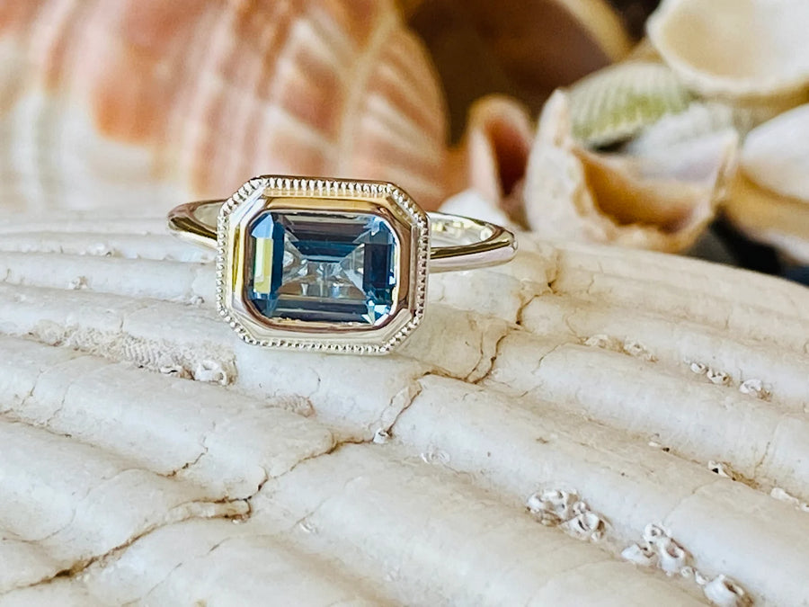 14k Emerald Cut Aquamarine Bezel Ring