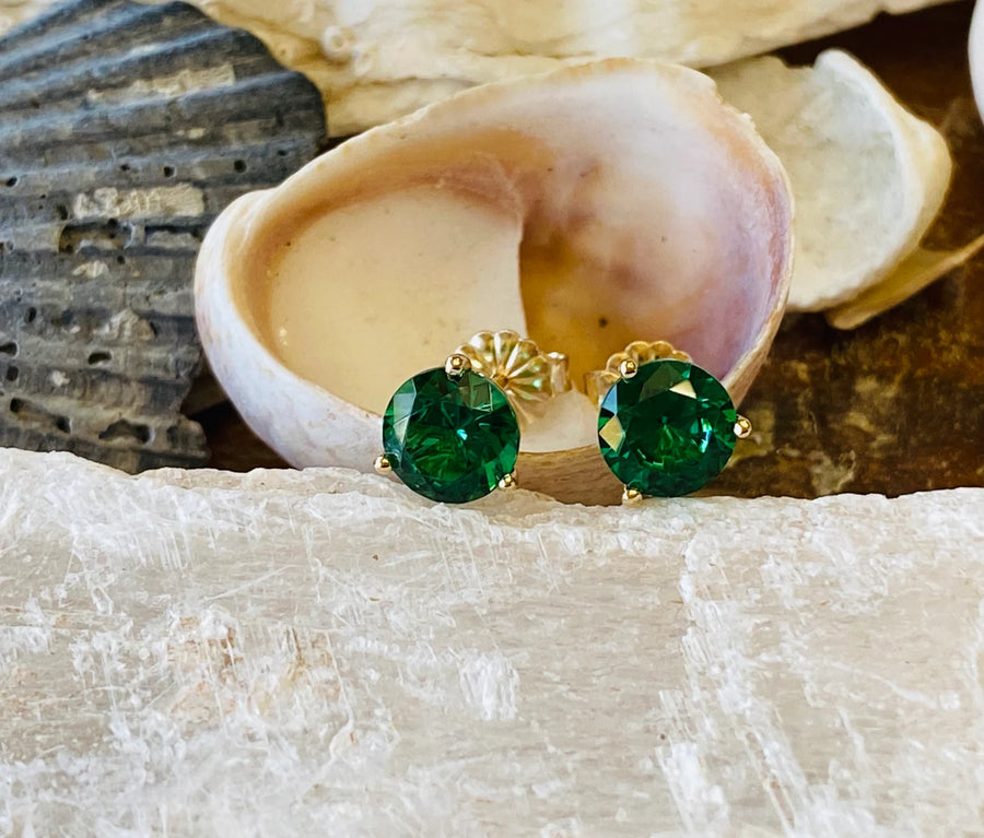 14k Round Emerald Stud Martini Setting Earrings