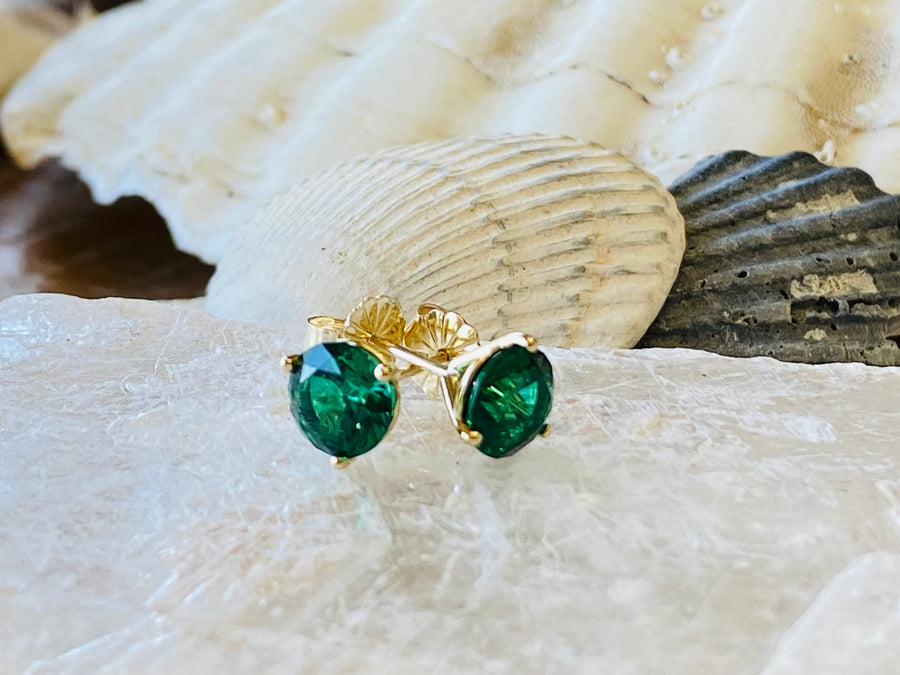 14k Round Emerald Stud Martini Setting Earrings