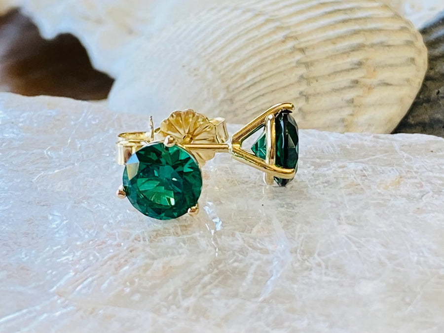 14k Round Emerald Stud Martini Setting Earrings