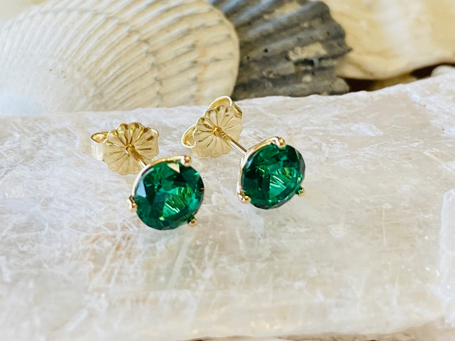 14k Round Emerald Stud Martini Setting Earrings