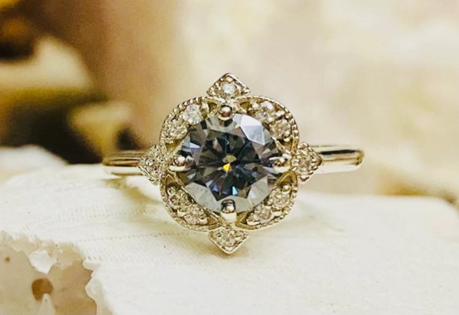 14k Art Deco Gray Moissanite Vintage Style Engagement Ring