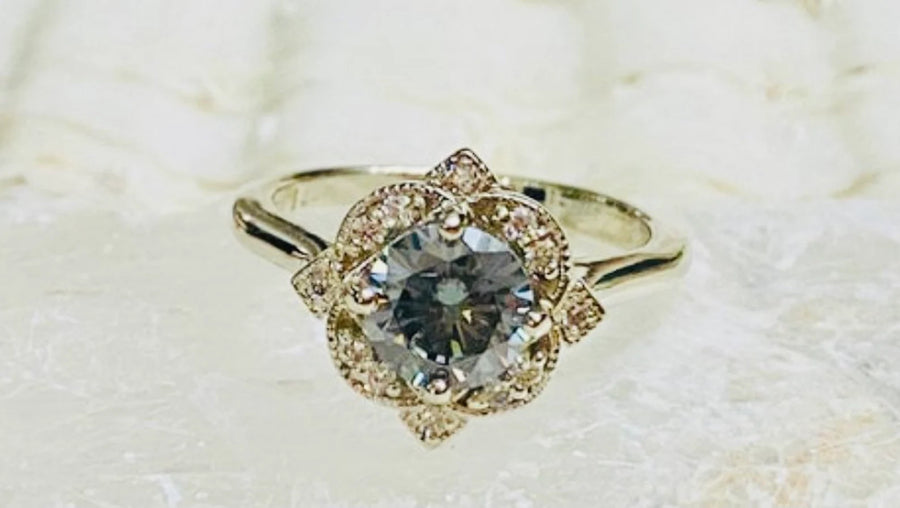 14k Art Deco Gray Moissanite Vintage Style Engagement Ring