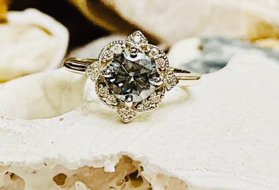 14k Art Deco Gray Moissanite Vintage Style Engagement Ring