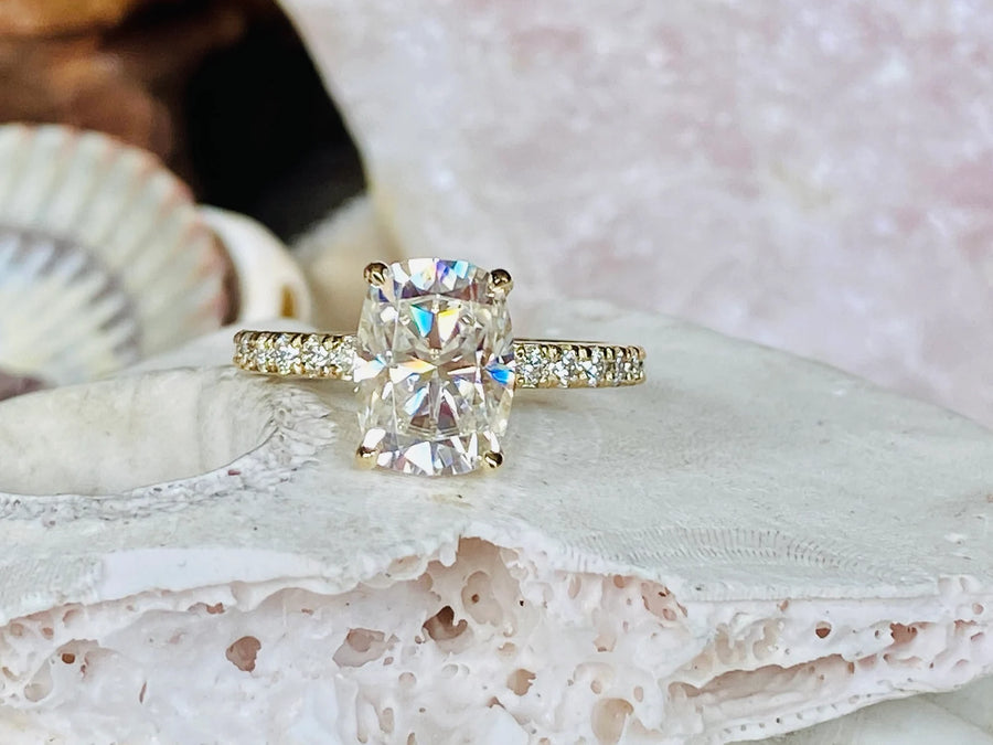 Elongated Antique Cushion Cut Moissanite Hidden Halo Engagement Ring