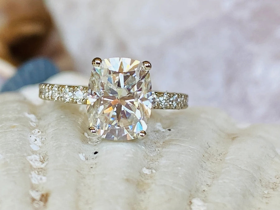 Elongated Antique Cushion Cut Moissanite Hidden Halo Engagement Ring