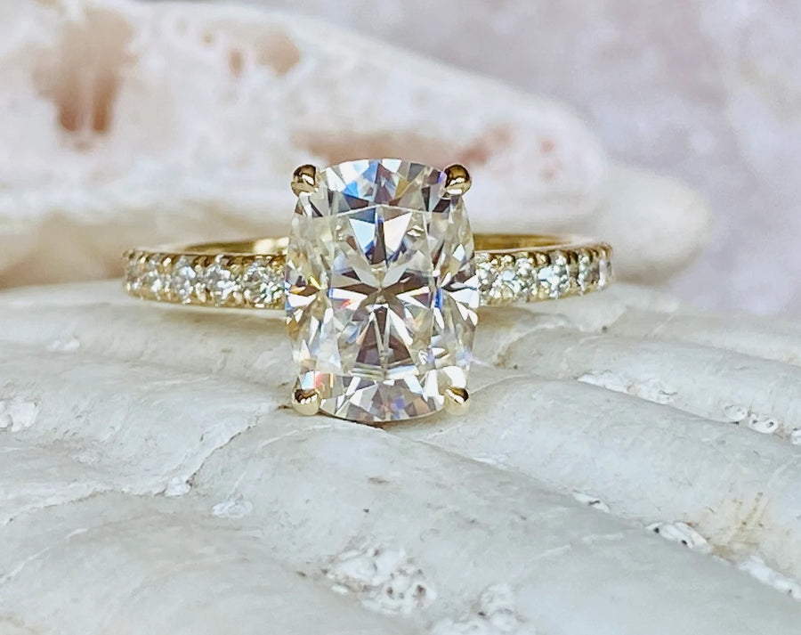 Elongated Antique Cushion Cut Moissanite Hidden Halo Engagement Ring