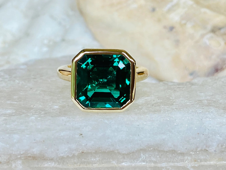 14k Asscher Cut Green Emerald Solitaire Bezel Ring, Statement Ring