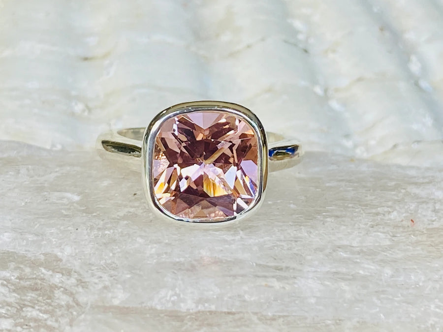 14k Cushion Cut Morganite Bezel Ring, Statement Ring